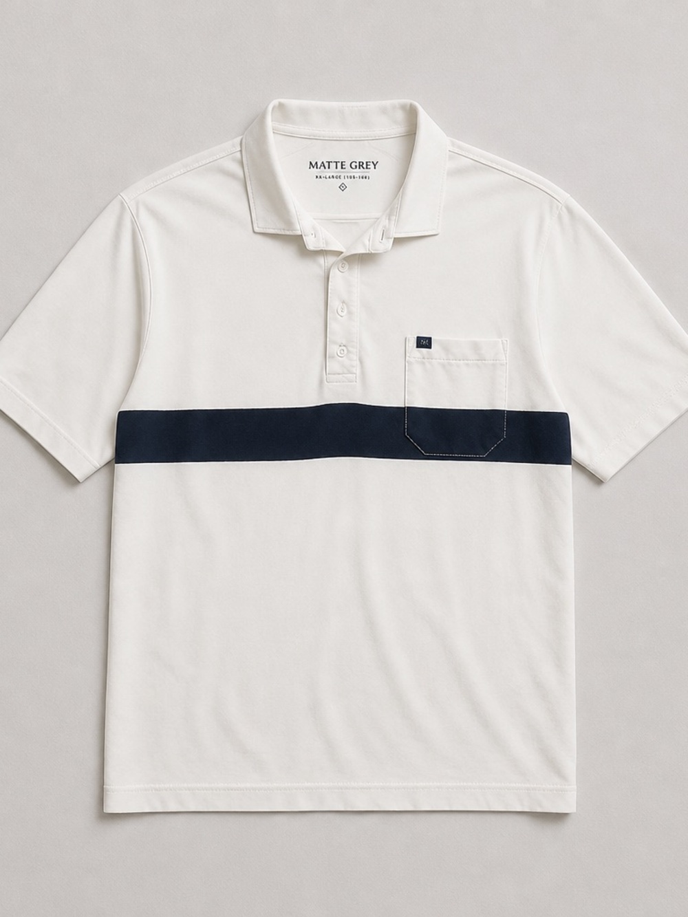 Matte Grey Men's White Golf Polo with Navy Chest Stripe 2XL